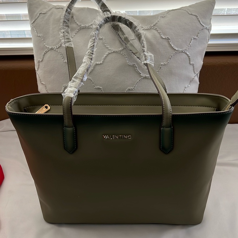 Valentino Olive Green Leather Tote Shoulder Bag with Gold Logo